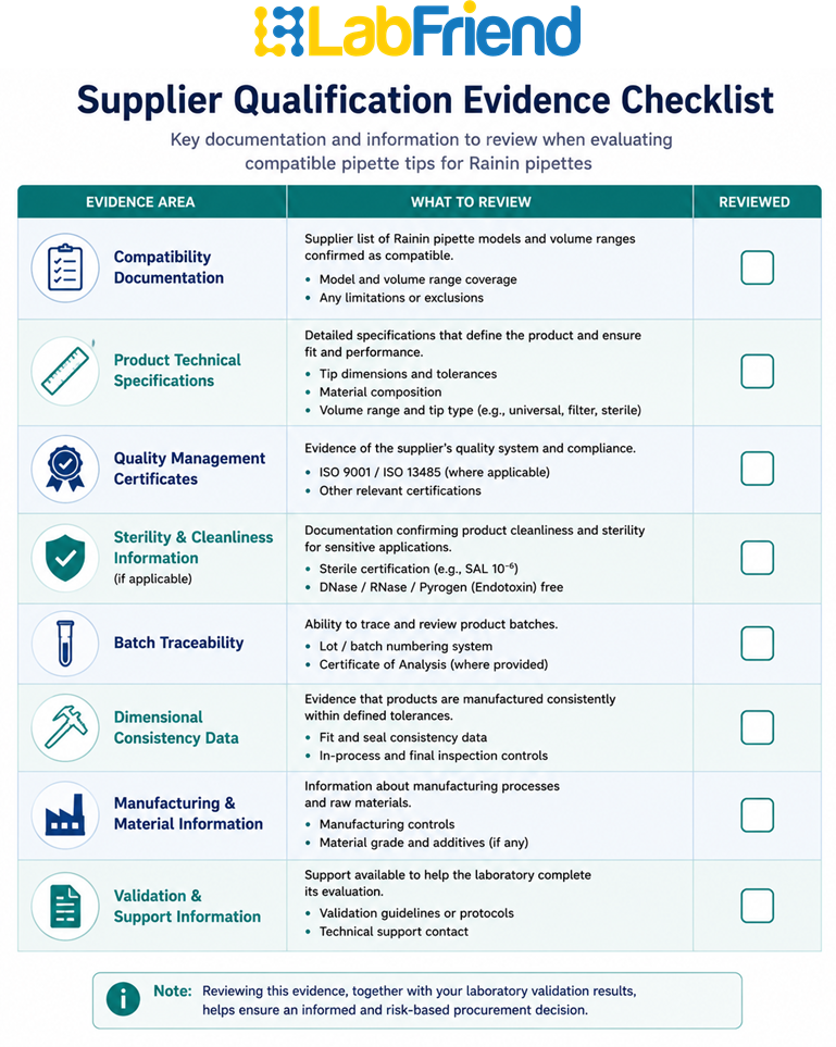 Checklist of supplier qualification documents and technical information to review when evaluating compatible pipette tips for Rainin pipettes.