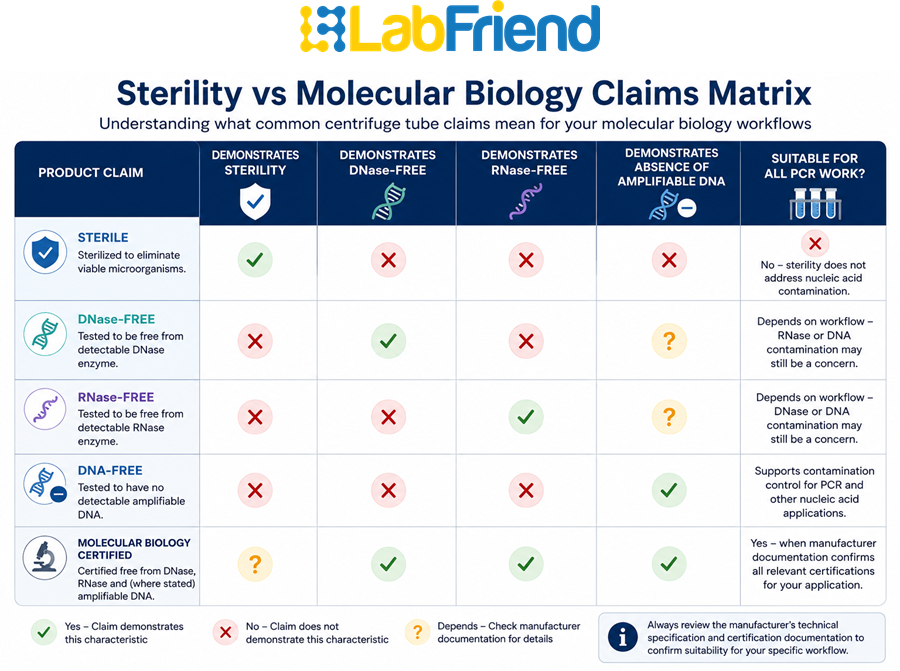 Comparison matrix showing the differences between sterile, DNase-free, RNase-free, DNA-free and molecular biology-certified centrifuge tube claims.