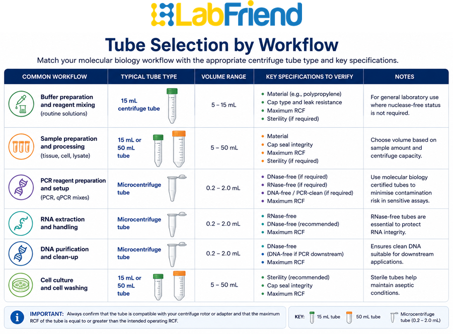 Reference table matching common molecular biology workflows with appropriate centrifuge tube types and the key specifications that should be verified.