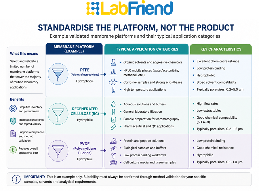 Diagram showing example validated filtration membrane platforms and their typical laboratory application categories, illustrating platform standardisation rather than individual product standardisation.