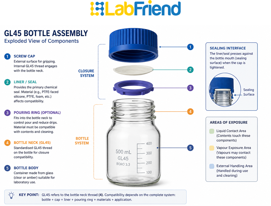 Exploded diagram of a GL45 laboratory bottle showing the bottle body, GL45 neck thread, screw cap, liner, seal, pouring ring and sealing surfaces.
