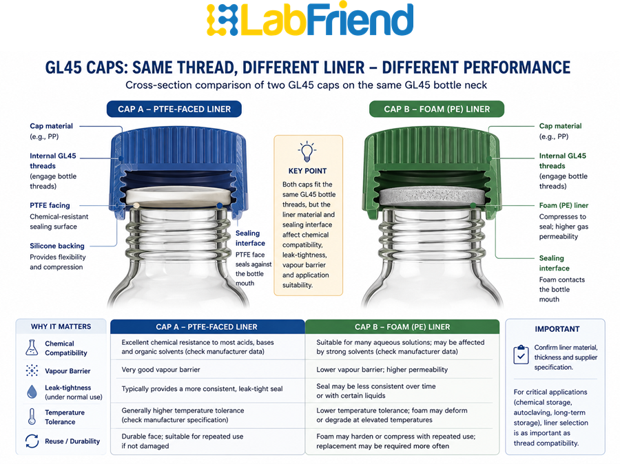 Cross-sectional comparison of two GL45 caps showing different liner designs and how identical thread compatibility does not guarantee equivalent sealing or chemical compatibility.