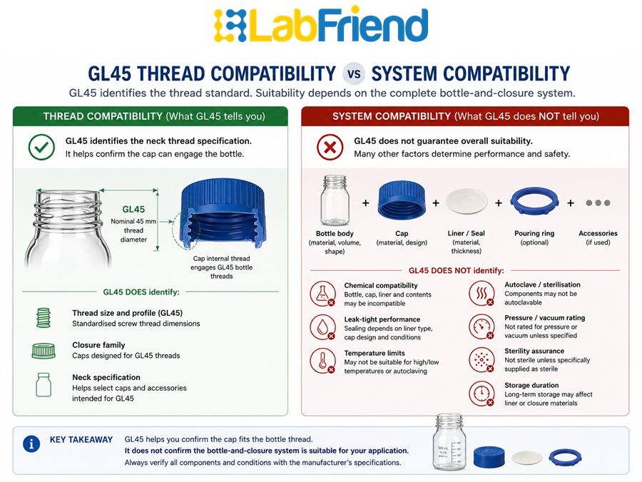 Comparison showing what a GL45 thread designation does identify and what it does not identify, including chemical compatibility, leak-tight performance and autoclavability.