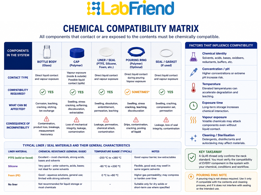 Matrix illustrating the laboratory bottle components requiring chemical compatibility assessment, including the bottle body, cap, liner, seal and pouring ring, together with key influencing factors.
