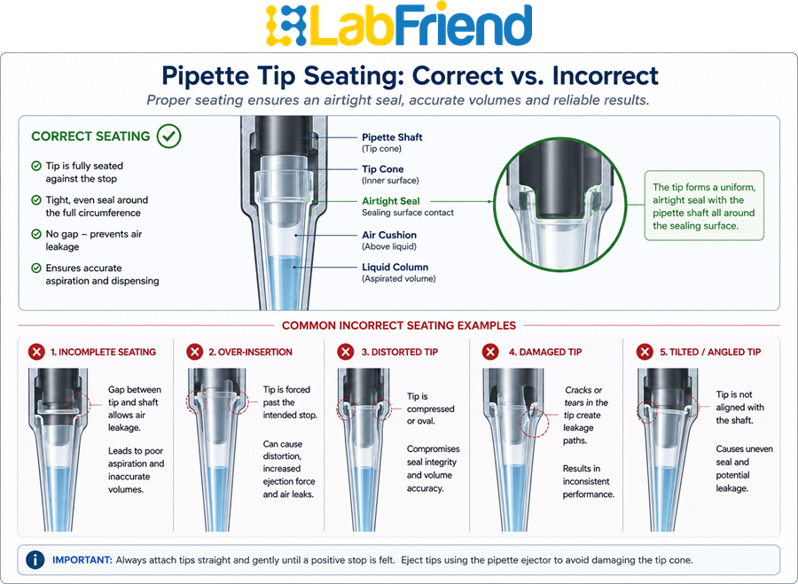 Cross-sectional illustration showing correct and incorrect pipette tip seating on a Gilson pipette, highlighting seal integrity, air leakage and proper tip engagement.