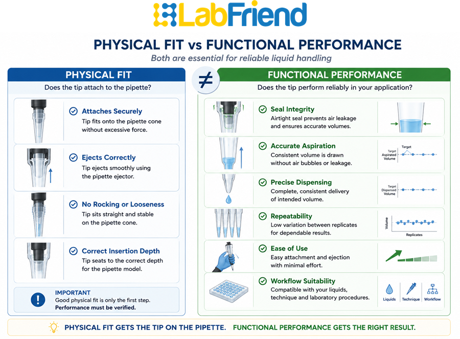 Comparison infographic showing the difference between physical pipette tip fit and functional performance, including seal integrity, aspiration, dispensing, repeatability and workflow suitability.