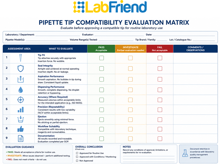 Laboratory compatibility evaluation matrix for assessing pipette tip fit, seal integrity, aspiration, dispensing, accuracy, precision and workflow suitability before approval.