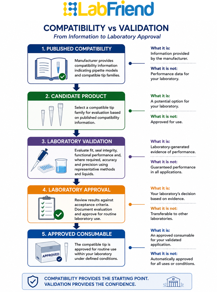Diagram illustrating the progression from published compatibility information through laboratory validation to approval of a compatible pipette tip for routine use.