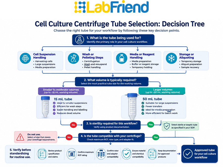 Decision tree showing how to select centrifuge tubes for cell culture workflows based on workflow stage, tube volume, sterility requirements, RCF compatibility and rotor fit.
