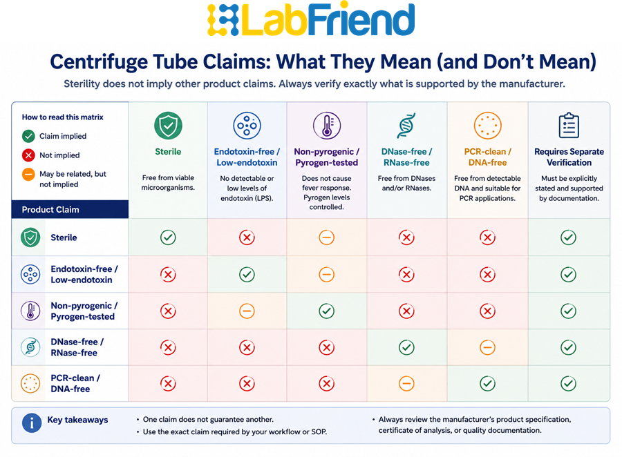Comparison matrix showing the differences between sterile, endotoxin-free, non-pyrogenic, DNase-free and RNase-free centrifuge tube claims and the need for separate product verification.