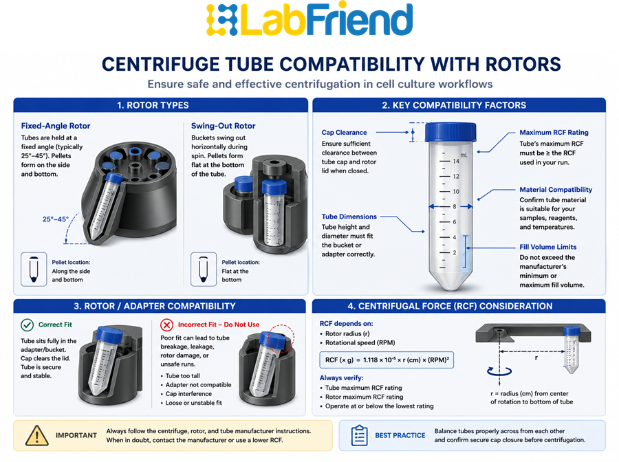 Diagram illustrating centrifuge tube compatibility with fixed-angle and swing-out rotors, including adapters, cap clearance and relative centrifugal force considerations.