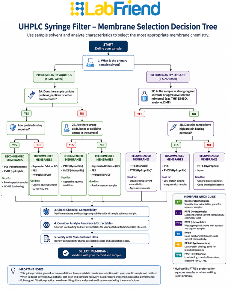 Decision tree showing how to select the appropriate syringe filter membrane for UHPLC based on solvent composition, sample type, analyte properties and compatibility.