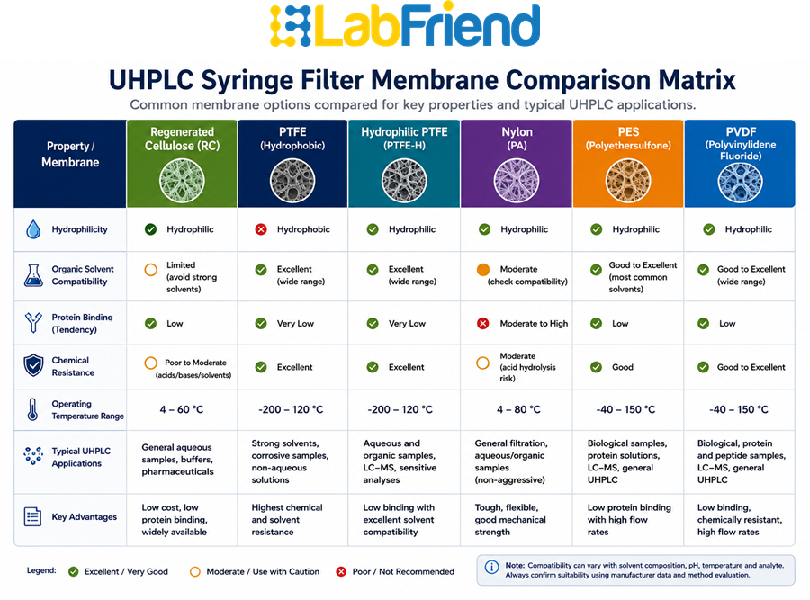 Comparison table of regenerated cellulose, PTFE, nylon, PES and PVDF syringe filter membranes showing hydrophilicity, solvent compatibility, protein binding characteristics and typical UHPLC applications.