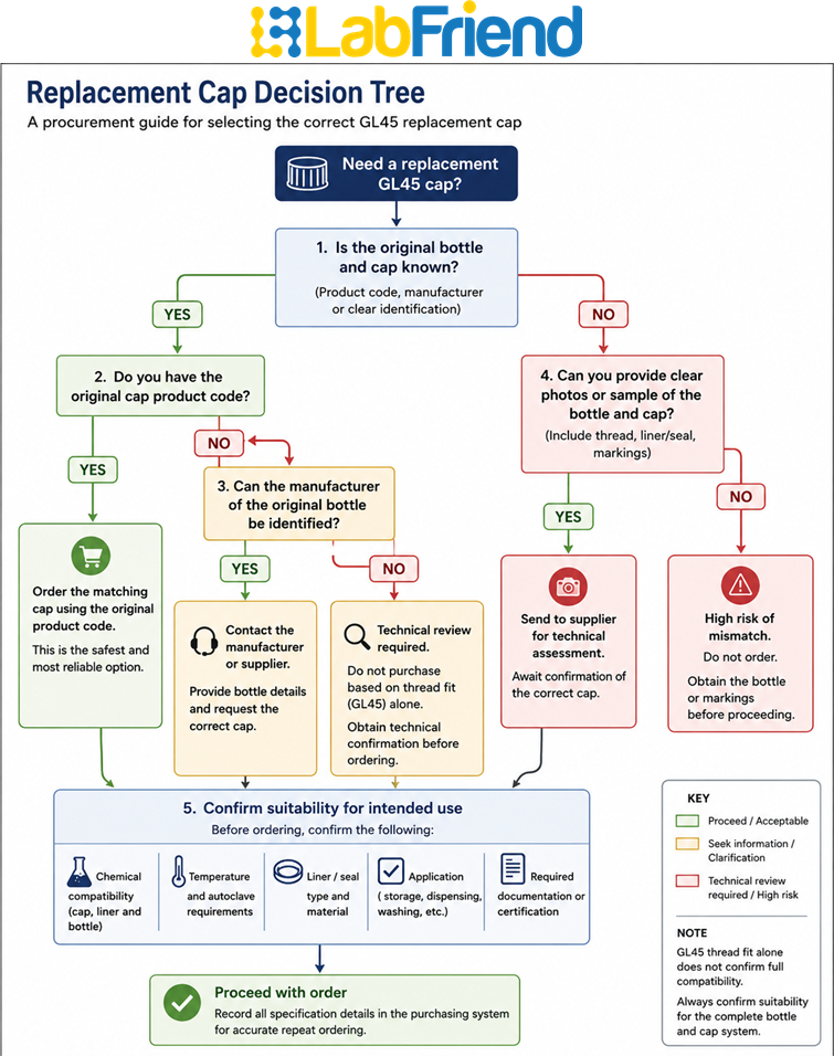 Decision tree showing the procurement process for selecting a replacement GL45 cap, including verification of the original bottle, product code, intended application and when technical review is required.