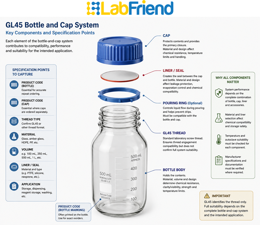 Annotated diagram of a GL45 laboratory reagent bottle identifying the bottle body, GL45 thread, cap, liner, pouring ring, bottle material, volume and product code.