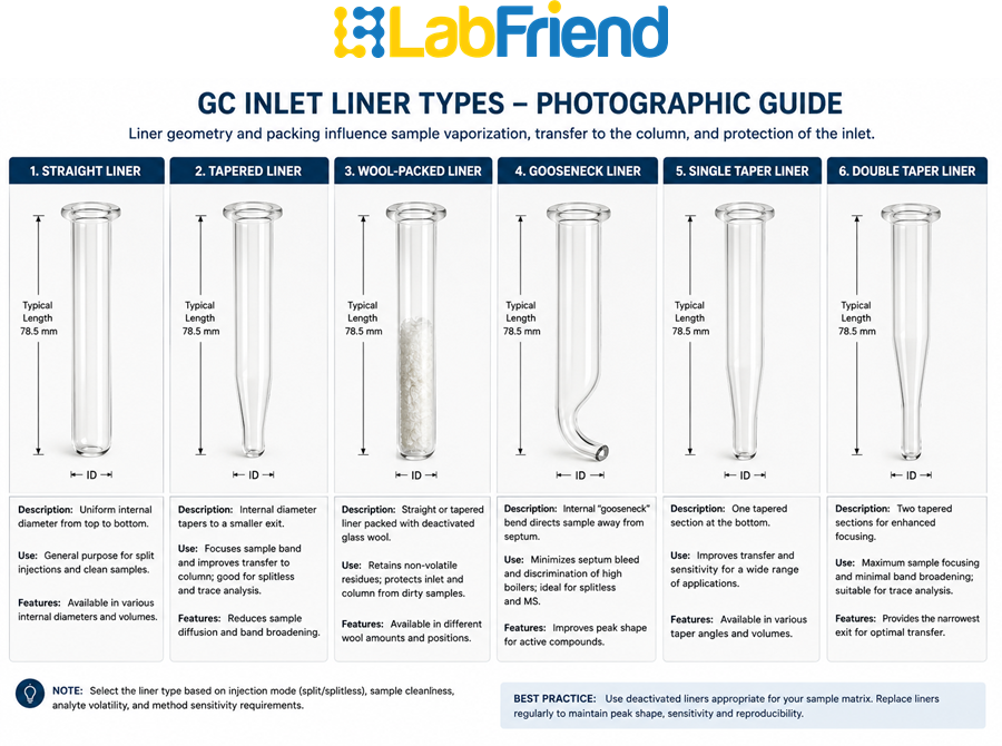 Comparison of common GC inlet liner types including straight, tapered, wool-packed and gooseneck liners used for different gas chromatography applications.