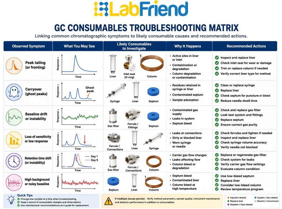 Troubleshooting matrix linking common gas chromatography problems such as peak tailing, carryover, baseline instability and retention time changes to likely GC consumables requiring inspection.