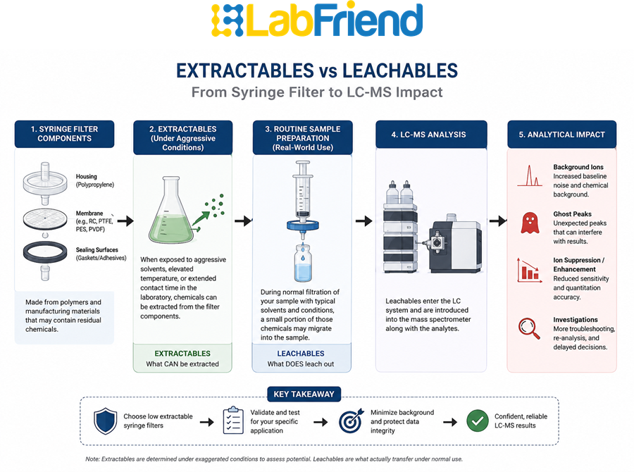 Process diagram illustrating how extractables from syringe filter components can become leachables during routine sample preparation and subsequently contribute to background ions, ghost peaks and ion suppression in LC-MS analysis.