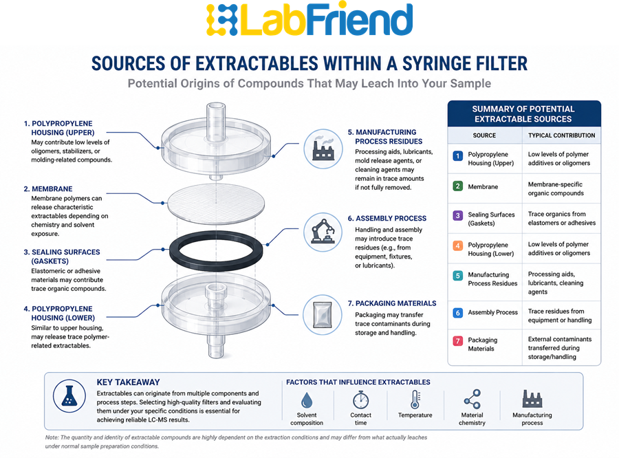 Exploded diagram of a syringe filter identifying the membrane, polypropylene housing, sealing surfaces, manufacturing residues and packaging as potential sources of extractable compounds.