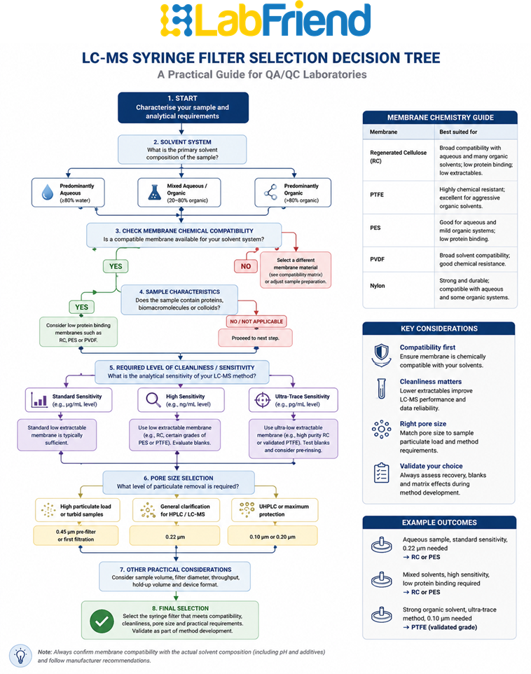 Decision tree for selecting an LC-MS syringe filter based on solvent compatibility, sample type, analyte characteristics, pore size and analytical sensitivity.