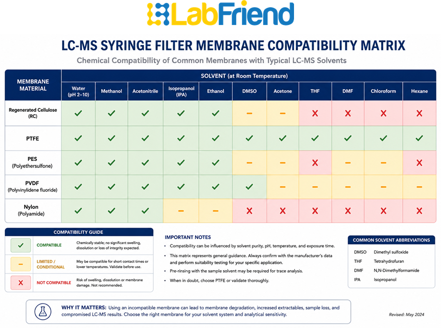 Colour-coded compatibility matrix comparing regenerated cellulose (RC), PTFE, PES, PVDF and nylon syringe filter membranes across common LC-MS solvent systems.