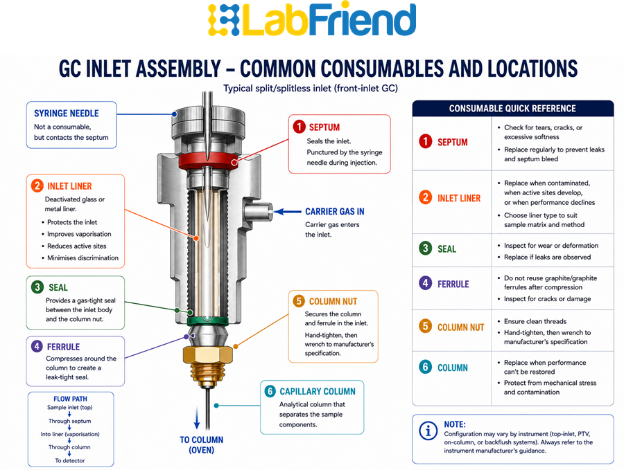 gc-inlet-consumables-annotated-diagram.webp	Annotated diagram of a gas chromatograph inlet identifying the septum, inlet liner, seal, ferrule and capillary column to illustrate the location of common GC consumables.