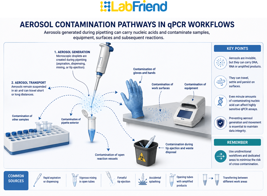 Diagram illustrating how aerosols generated during qPCR pipetting can spread between samples, pipettes, laboratory surfaces and open reaction vessels, creating contamination pathways.