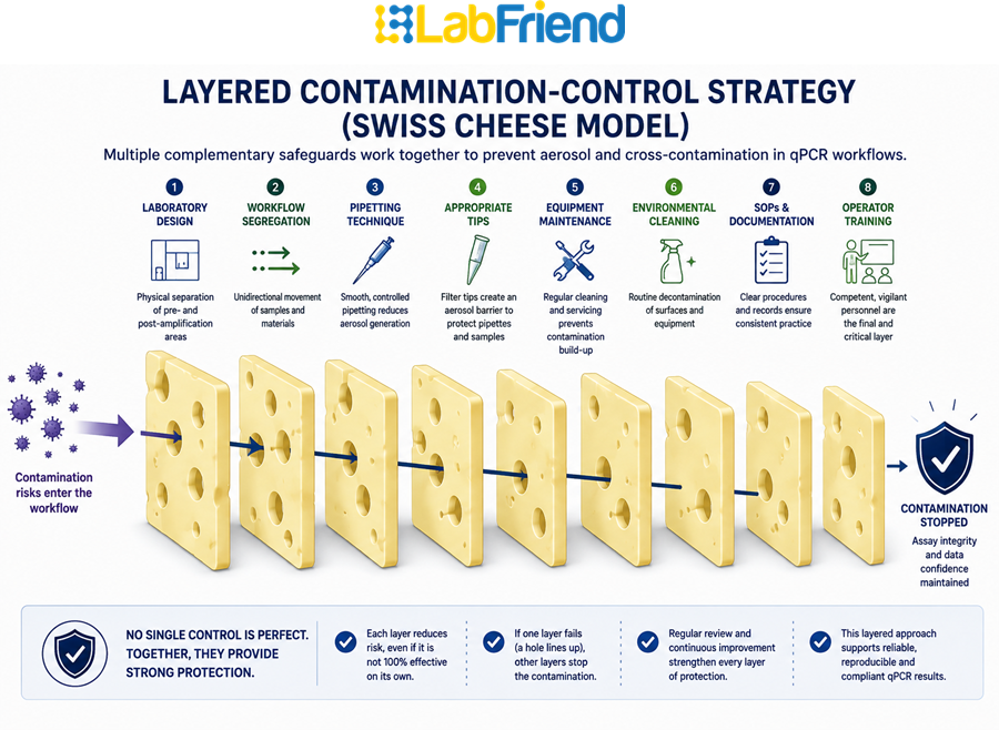 Layered contamination-control model showing how laboratory design, workflow segregation, pipetting technique, filter tips, equipment maintenance, cleaning, SOPs and operator training work together to reduce qPCR contamination risk.