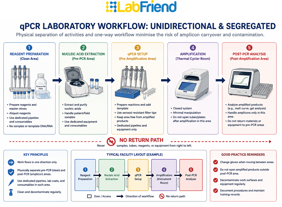 Workflow diagram showing unidirectional movement through reagent preparation, nucleic acid extraction, PCR setup, amplification and post-PCR analysis to minimise contamination in qPCR laboratories.
