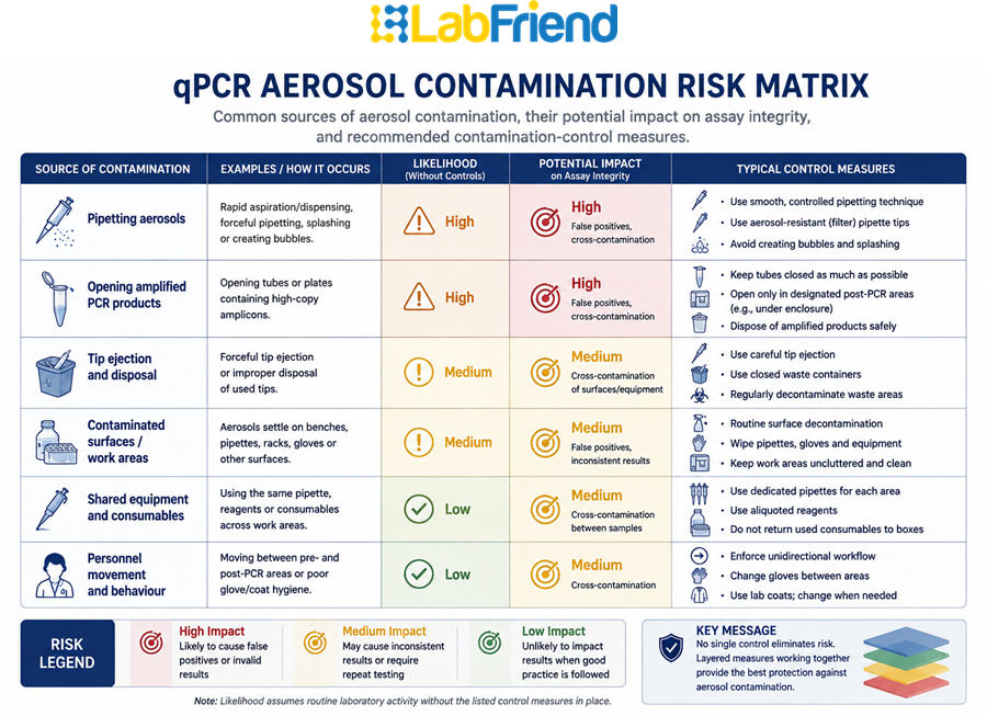 Risk matrix identifying common sources of aerosol contamination during qPCR workflows, their potential impact on assay integrity and the corresponding contamination-control measures.