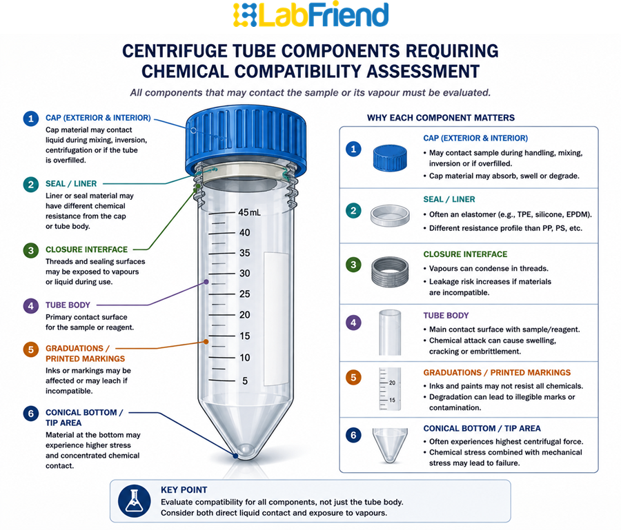 Annotated cross-sectional diagram of a centrifuge tube identifying the tube body, cap, seal or liner, closure interface, graduation markings and sample contact areas requiring chemical compatibility assessment.