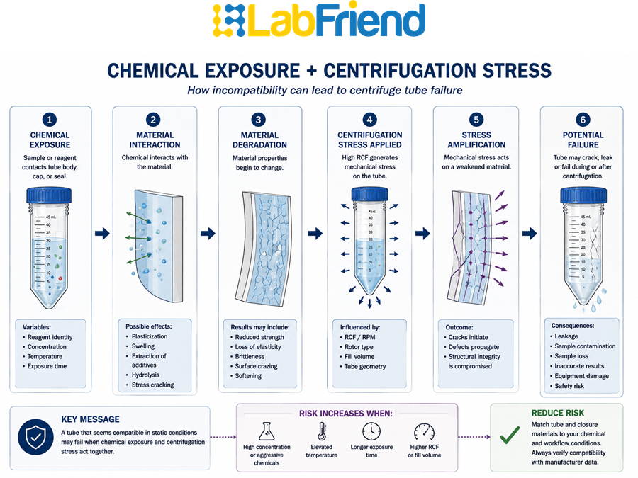 Flow diagram illustrating how chemical exposure combined with centrifugation can increase material stress and lead to cracking, deformation, leakage or tube failure.