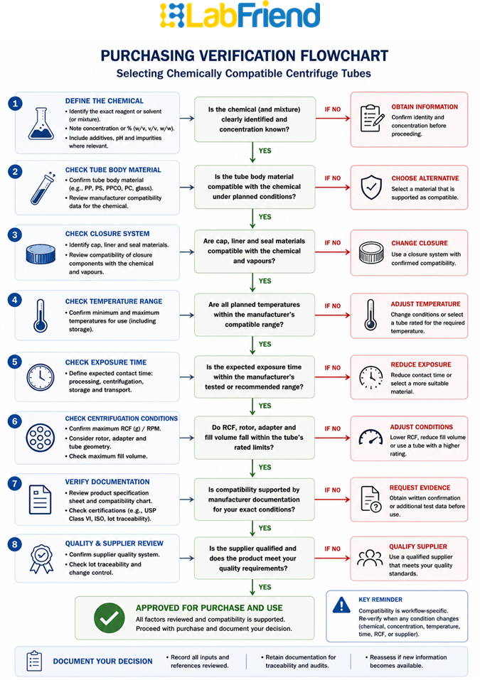 Flowchart showing the verification process for selecting chemically compatible centrifuge tubes by assessing material, closure, reagent, concentration, temperature, exposure time, centrifugation conditions and manufacturer documentation.