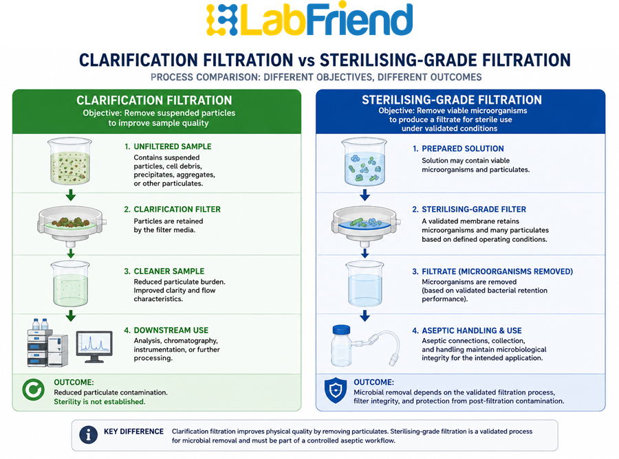 Side-by-side comparison of clarification filtration and sterilising-grade filtration showing their different objectives, process steps and outcomes.