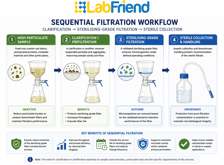 Illustration showing clarification filtration used before sterilising-grade filtration to reduce particulate loading and support sterile processing.