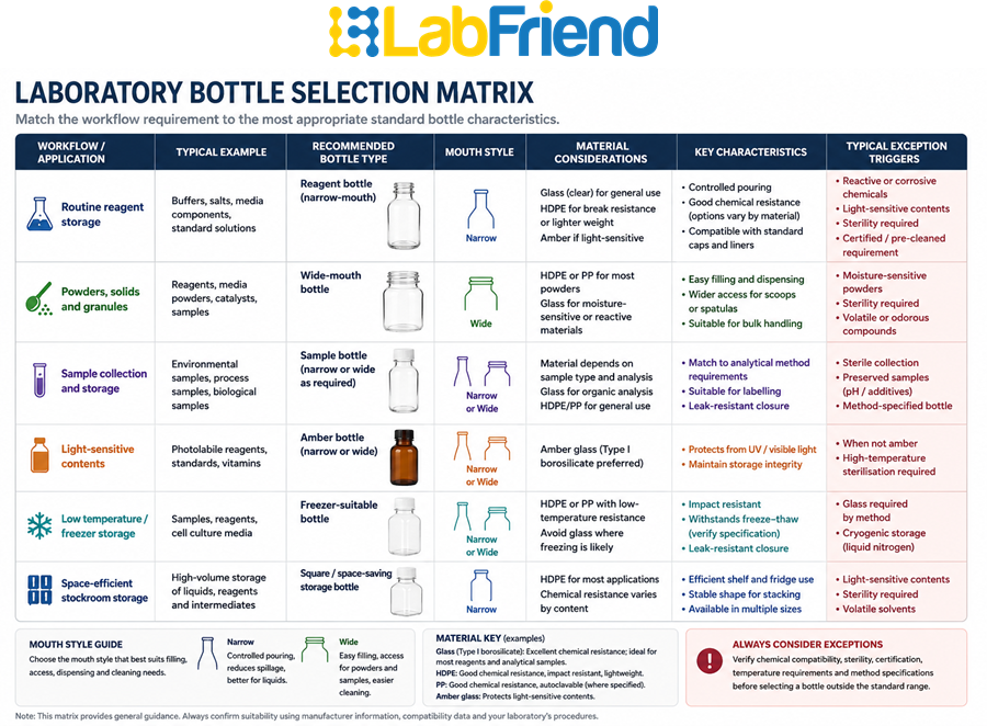 Matrix comparing common laboratory workflows with suitable bottle types, mouth styles, material considerations and typical exception triggers for standardised bottle selection.