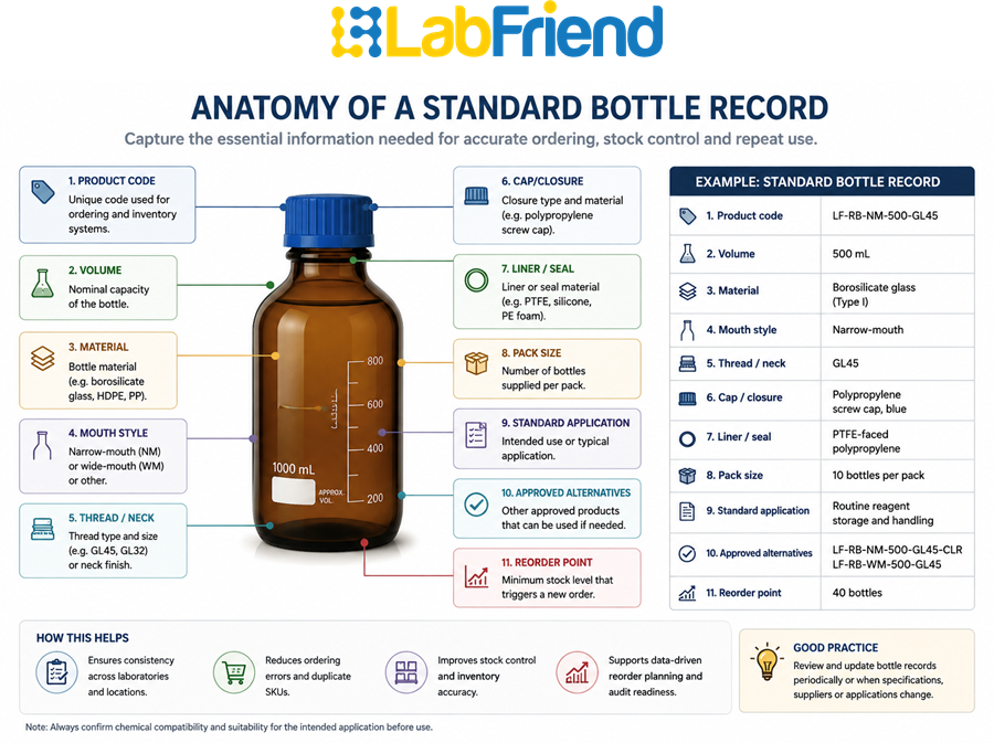 Annotated illustration of a standard laboratory bottle record identifying the essential information required for procurement, stock control and repeat ordering, including product code, volume, material, cap/thread system and reorder point.