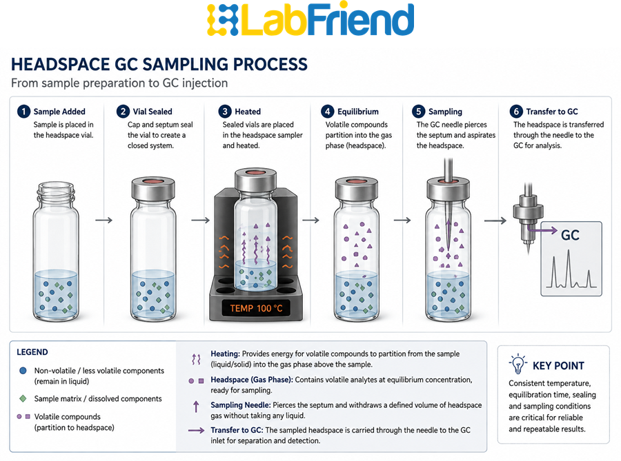 Diagram illustrating the headspace GC sampling process from sample loading and sealing through heating, headspace formation and needle sampling.