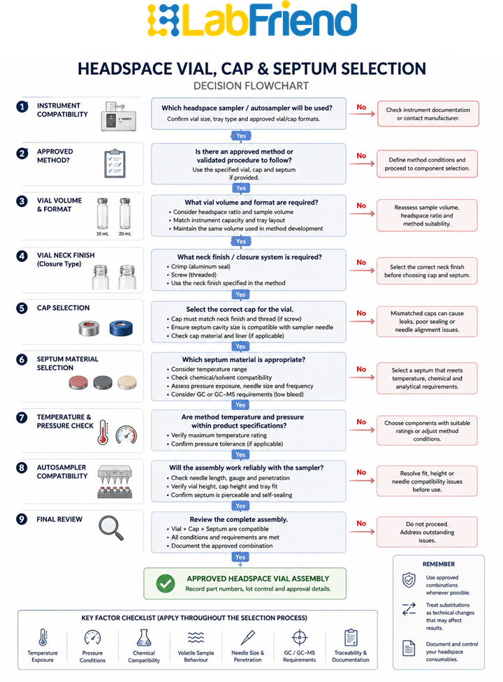 Decision flowchart for selecting headspace vials, caps and septa based on instrument compatibility, method requirements and sample conditions.