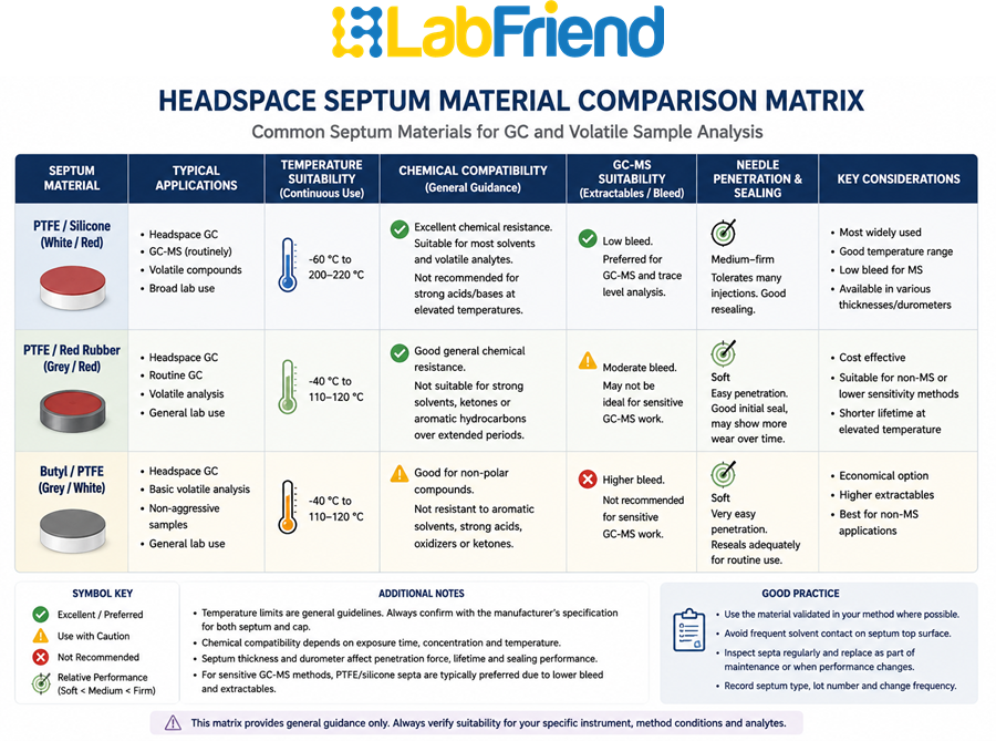 Comparison matrix of common headspace septum materials showing typical applications, chemical compatibility and analytical considerations.