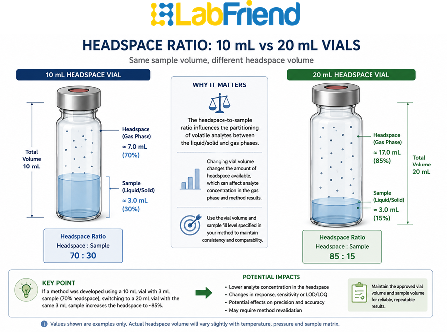 Illustration comparing sample-to-headspace volume in 10 mL and 20 mL headspace vials to demonstrate the effect of vial volume on headspace ratio.