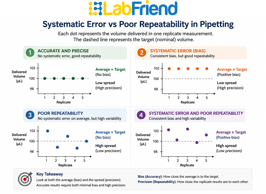 Diagram comparing systematic pipetting bias and poor repeatability across replicate volume measurements