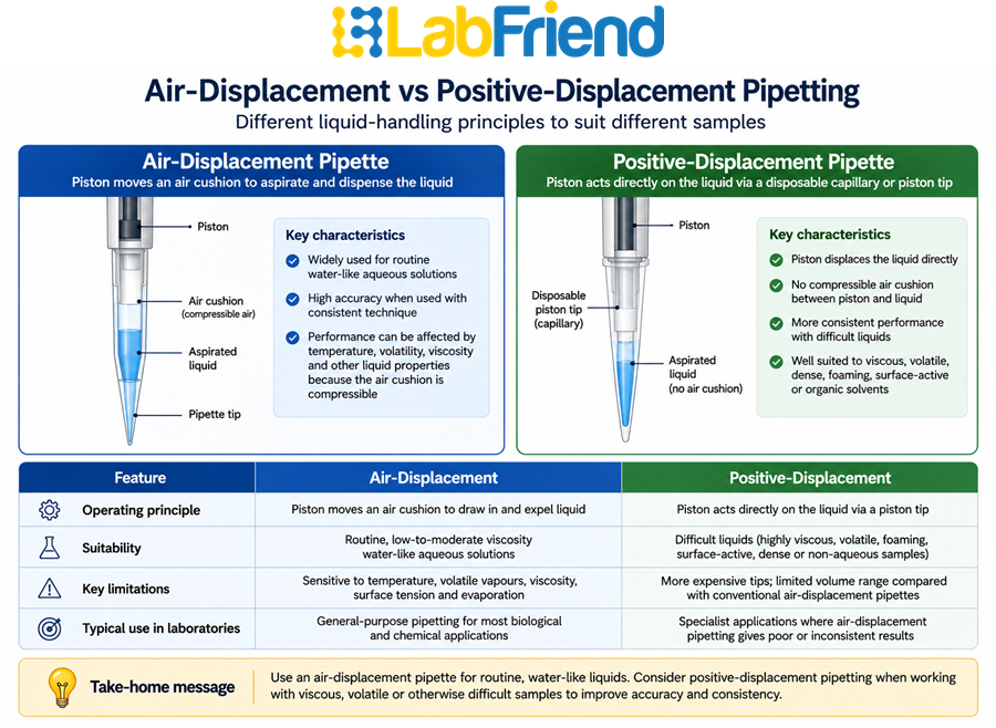 Schematic comparing air-displacement and positive-displacement pipettes and their liquid transfer mechanisms