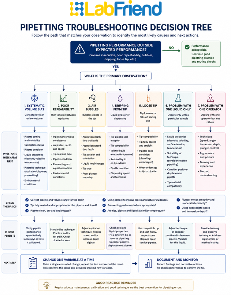 Decision tree for diagnosing common causes of pipetting error in laboratory liquid handling