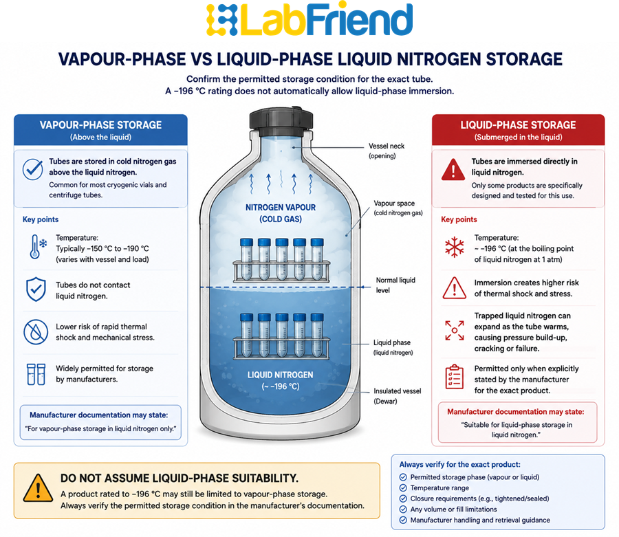 Cross-section showing the difference between vapour-phase and liquid-phase liquid nitrogen tube storage and the need to confirm the permitted storage condition for the specific tube.