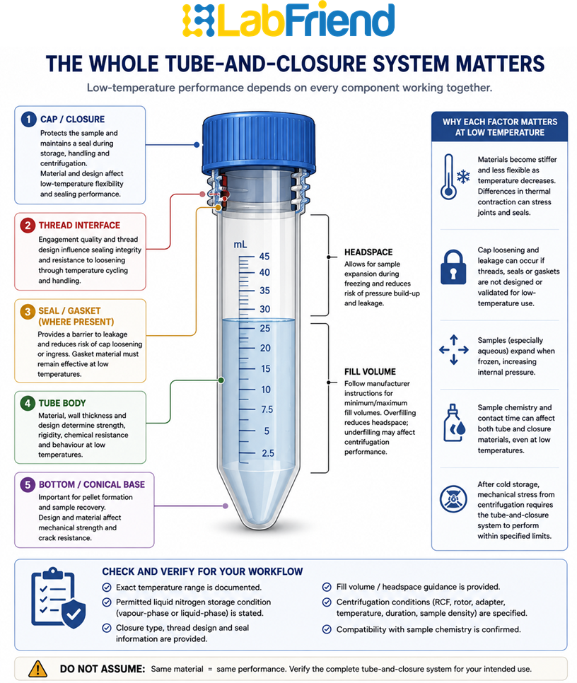 Labelled centrifuge tube showing the tube body, cap, thread interface, seal or gasket, sample fill level and headspace as factors affecting low-temperature performance and closure integrity.