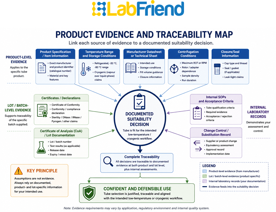 QA/QC evidence map linking centrifuge tube specifications, temperature range, manufacturer documentation, RCF conditions, closure information, certificates, batch documentation, internal SOPs and substitution records to a documented suitability decision.