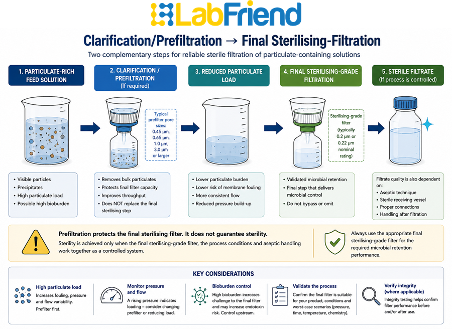 Process diagram showing clarification or prefiltration before final sterilising-grade filtration of particulate-containing solutions