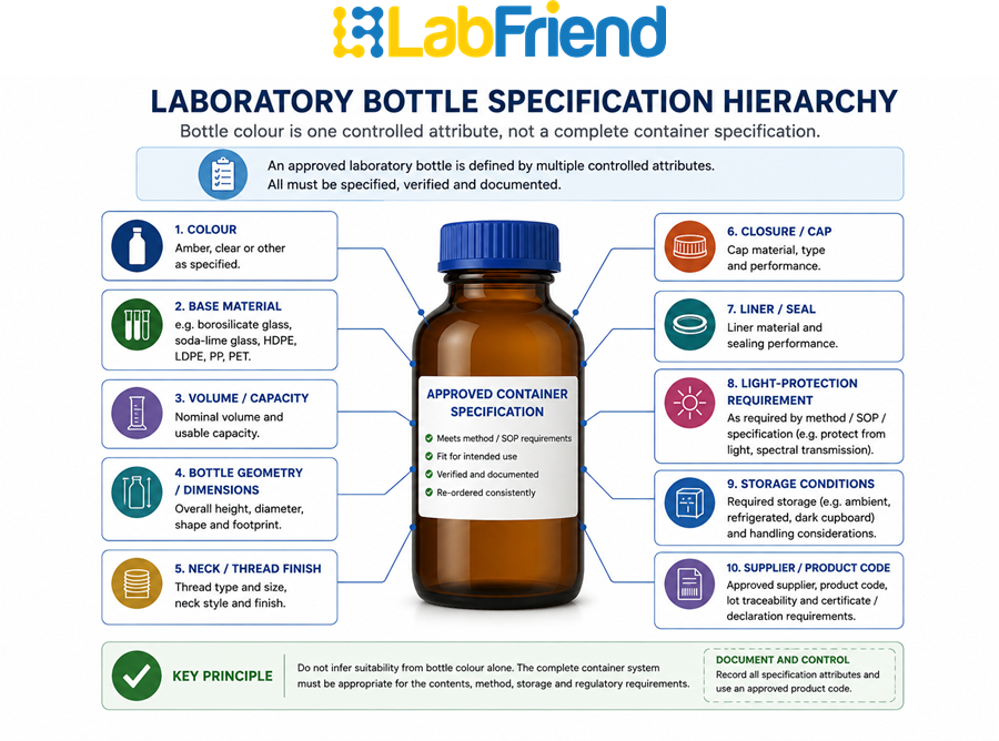 QA/QC laboratory bottle specification showing colour, material, volume, dimensions, closure, light protection, storage conditions and product code as controlled attributes.