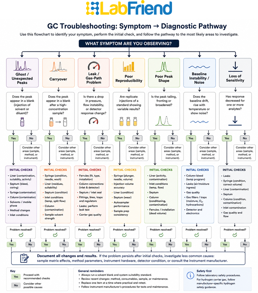 GC troubleshooting flowchart linking ghost peaks, carryover, leaks, poor reproducibility, poor peak shape, baseline instability and sensitivity loss to initial diagnostic checks.